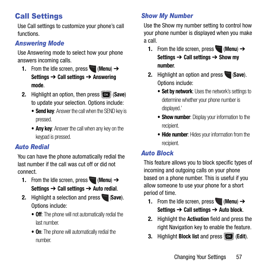Call settings | Samsung SGH-T199ZKWTMB User Manual | Page 61 / 106