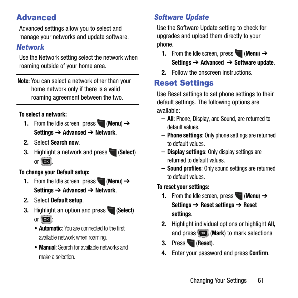 Advanced, Reset settings, Advanced reset settings | Samsung SGH-T199ZKWTMB User Manual | Page 65 / 106