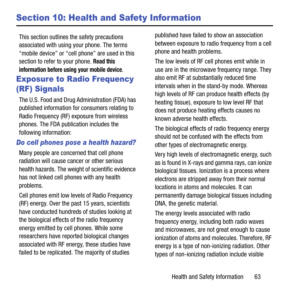Section 10: health and safety information, Exposure to radio frequency (rf) signals, Exposure to radio frequency | Rf) signals | Samsung SGH-T199ZKWTMB User Manual | Page 67 / 106