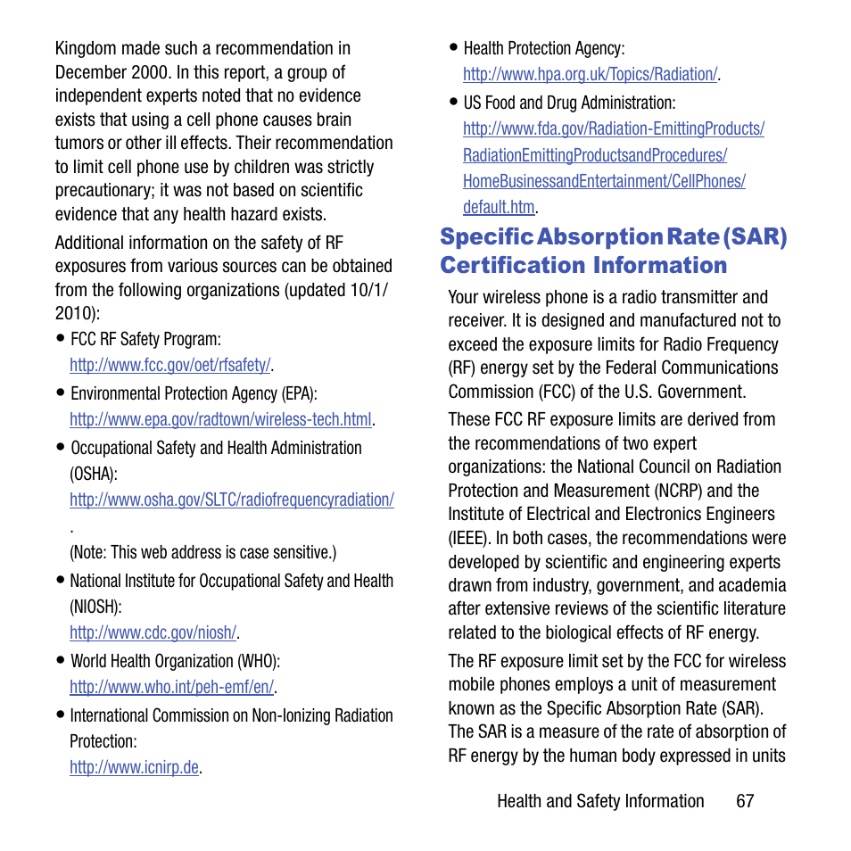 Specific absorption rate (sar), Certification information | Samsung SGH-T199ZKWTMB User Manual | Page 71 / 106
