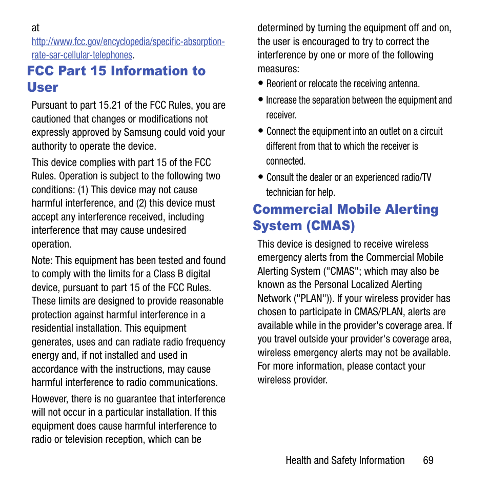 Fcc part 15 information to user, Commercial mobile alerting system (cmas) | Samsung SGH-T199ZKWTMB User Manual | Page 73 / 106