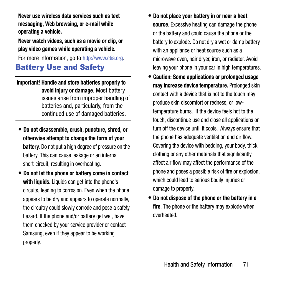 Battery use and safety | Samsung SGH-T199ZKWTMB User Manual | Page 75 / 106