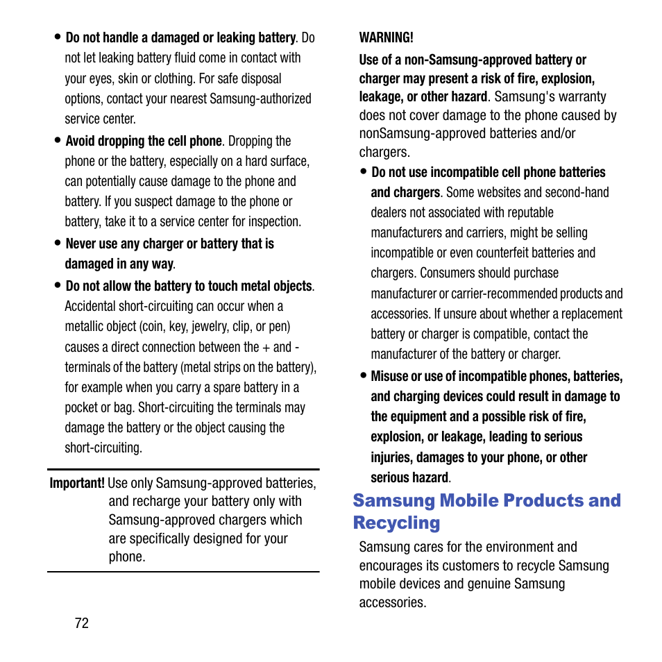 Samsung mobile products and recycling, Samsung mobile products, And recycling | Samsung SGH-T199ZKWTMB User Manual | Page 76 / 106