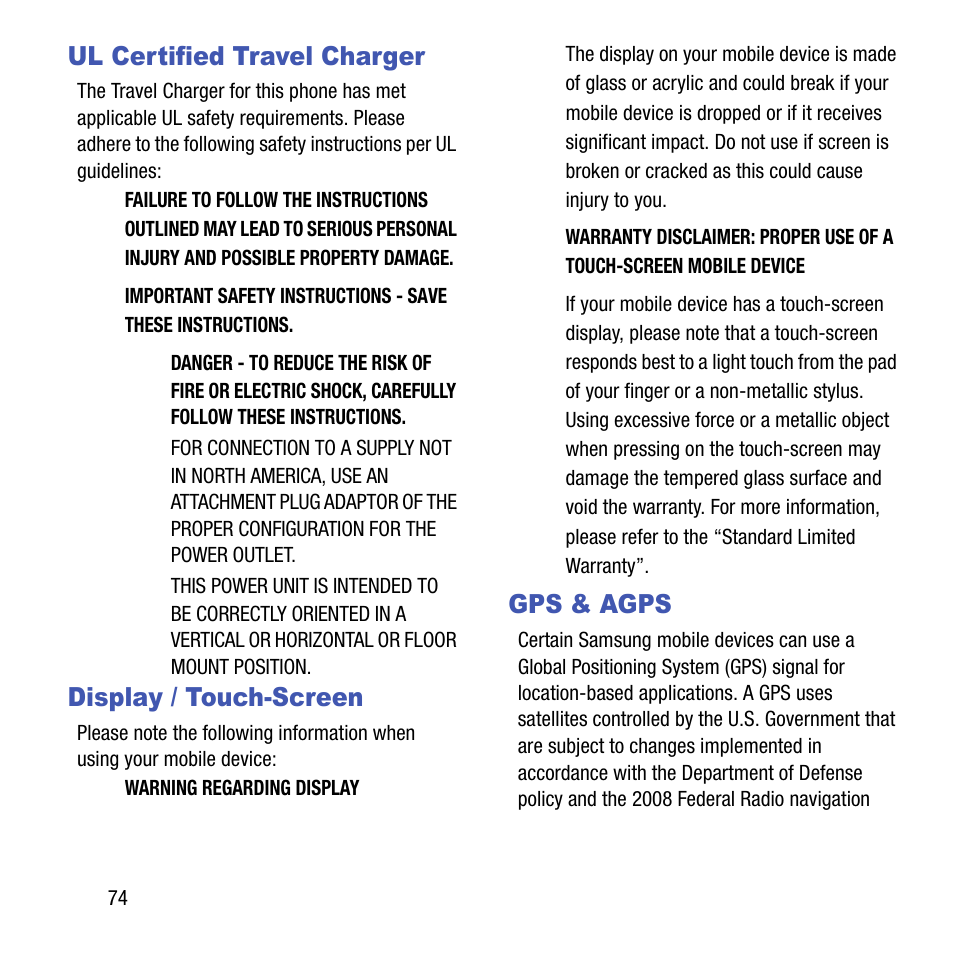 Ul certified travel charger, Display / touch-screen, Gps & agps | Samsung SGH-T199ZKWTMB User Manual | Page 78 / 106