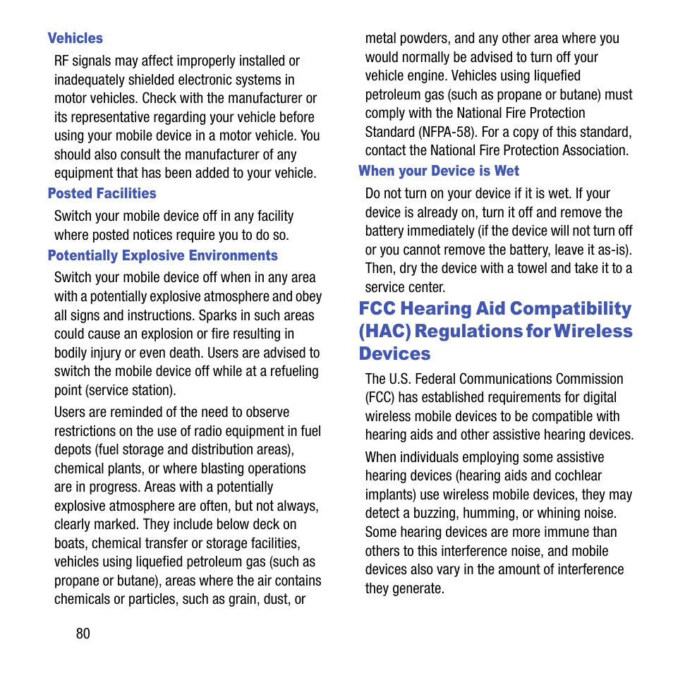 Fcc hearing aid compatibility (hac), Regulations for wireless devices | Samsung SGH-T199ZKWTMB User Manual | Page 84 / 106