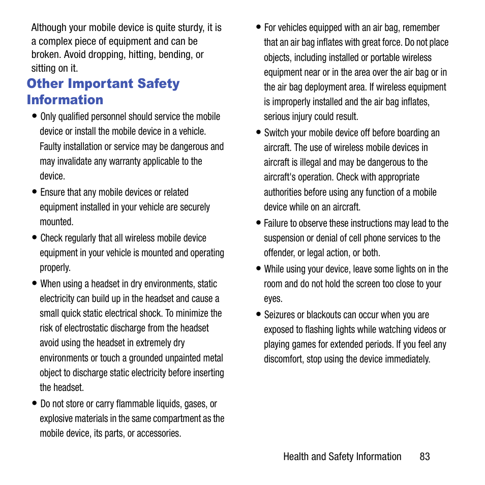 Other important safety information | Samsung SGH-T199ZKWTMB User Manual | Page 87 / 106