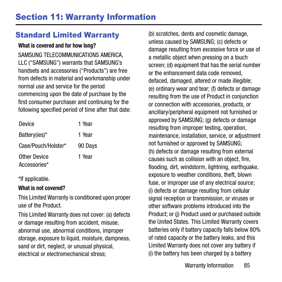 Section 11: warranty information, Standard limited warranty | Samsung SGH-T199ZKWTMB User Manual | Page 89 / 106