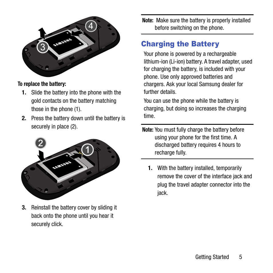 Charging the battery | Samsung SGH-T199ZKWTMB User Manual | Page 9 / 106