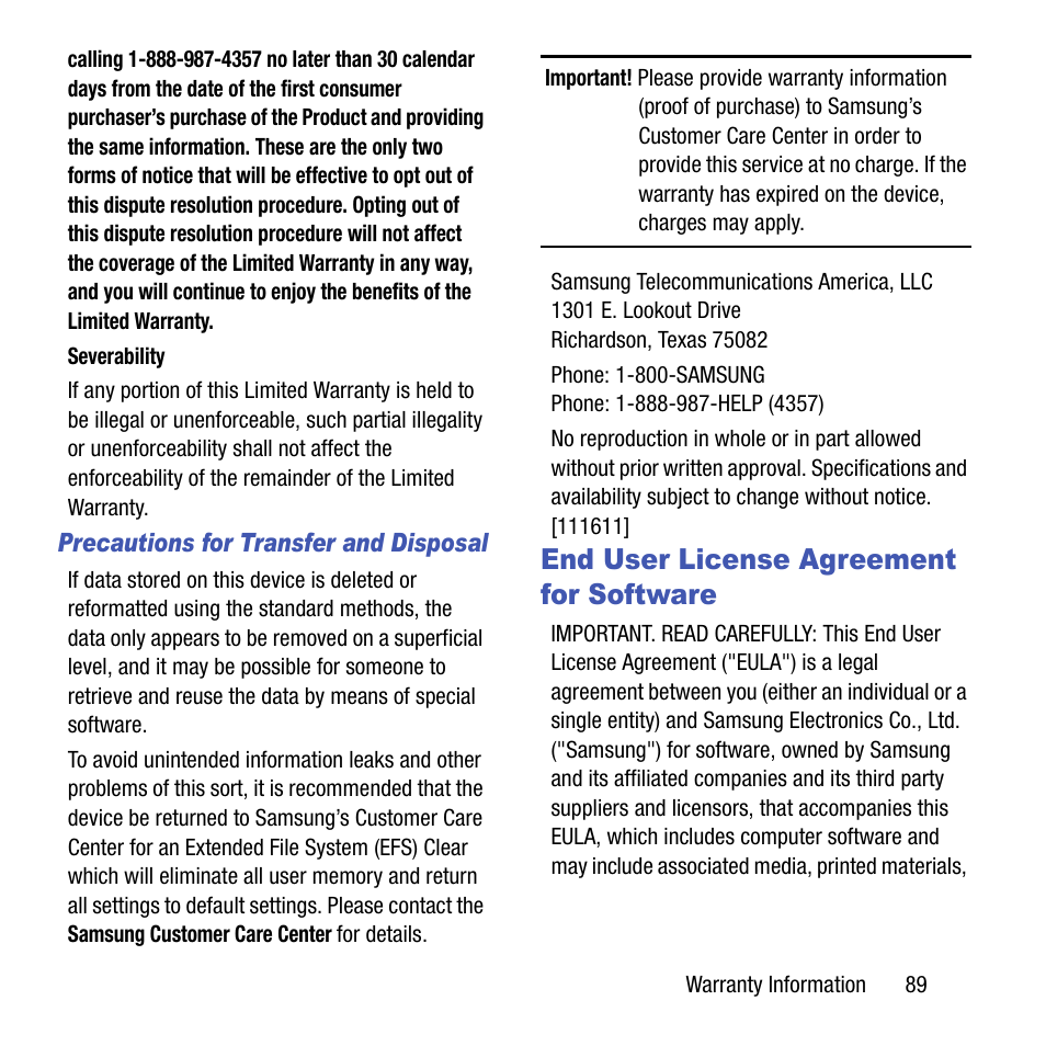 End user license agreement for software, End user license agreement, For software | Samsung SGH-T199ZKWTMB User Manual | Page 93 / 106