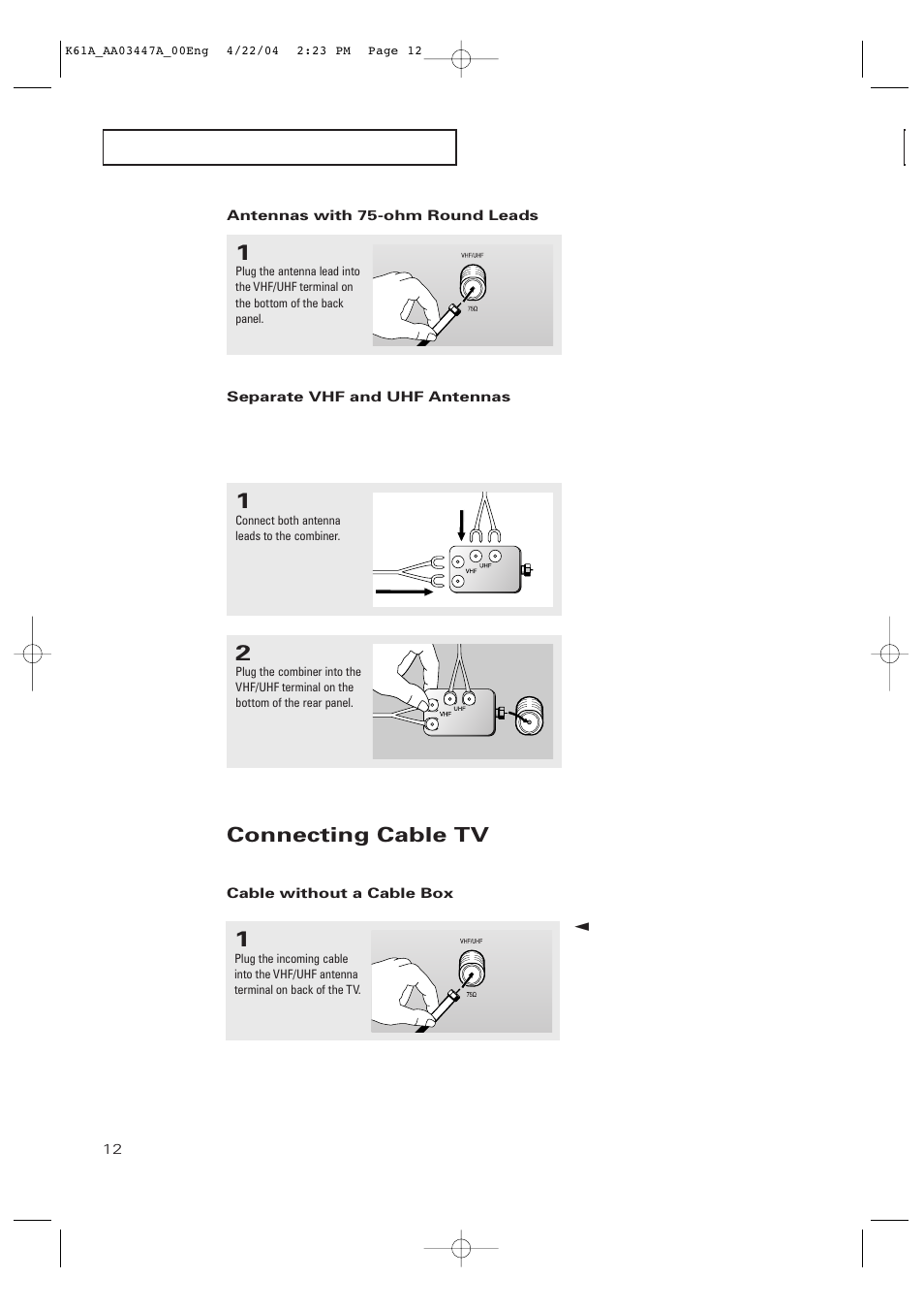 Connecting cable tv | Samsung TXP3264S-XAA User Manual | Page 12 / 68