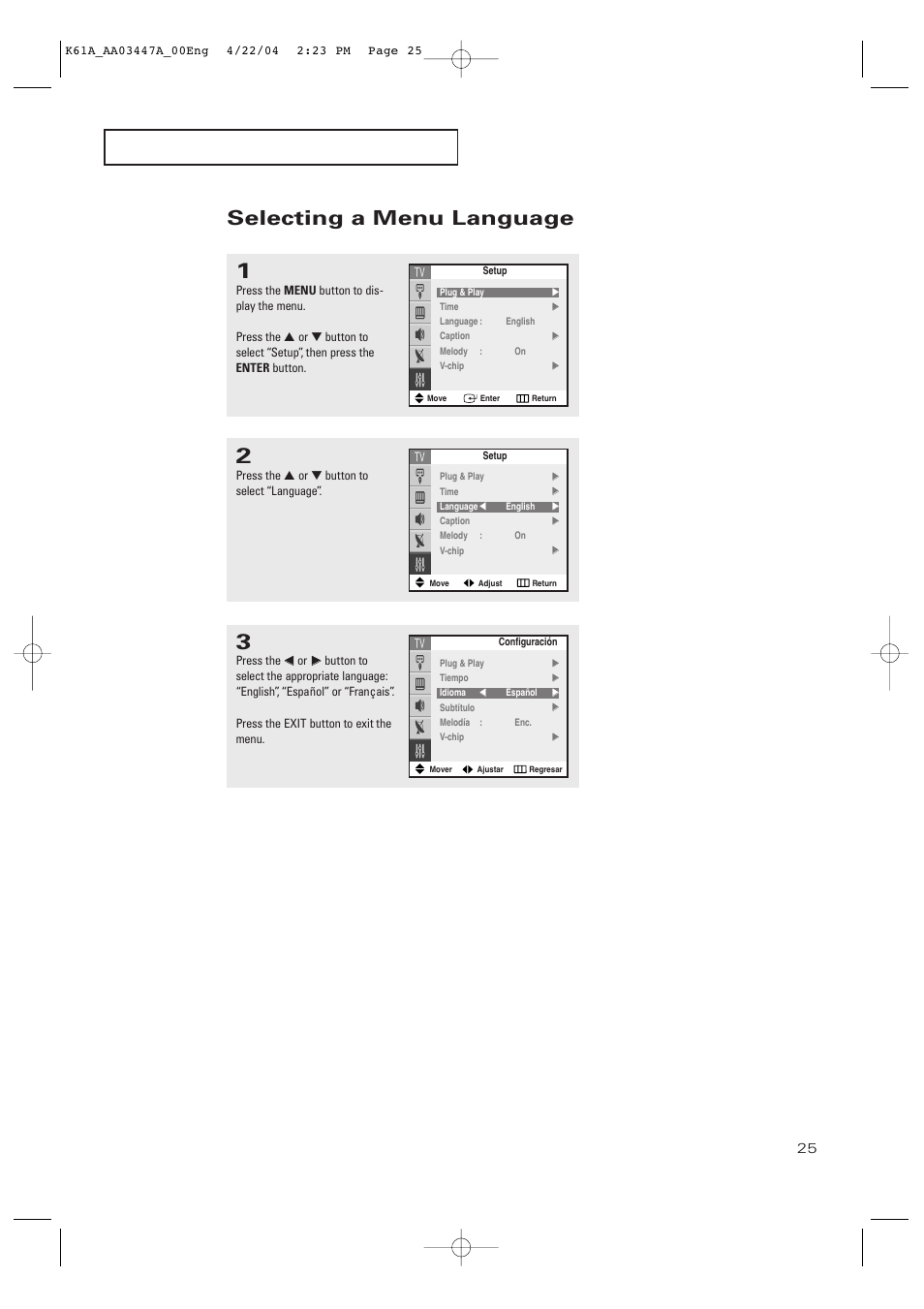 Selecting a menu language | Samsung TXP3264S-XAA User Manual | Page 25 / 68