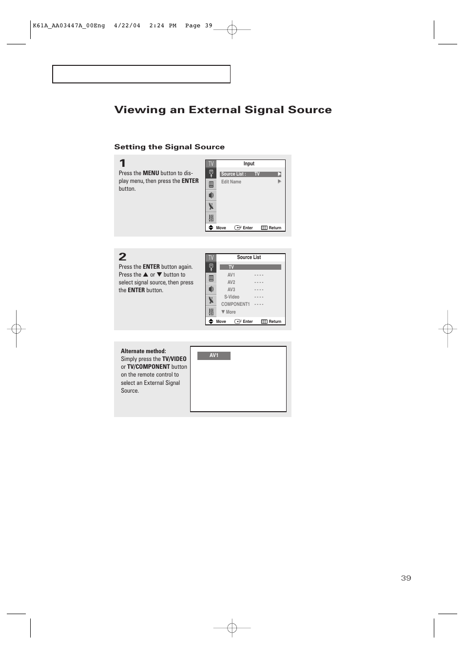 Viewing an external signal source | Samsung TXP3264S-XAA User Manual | Page 39 / 68