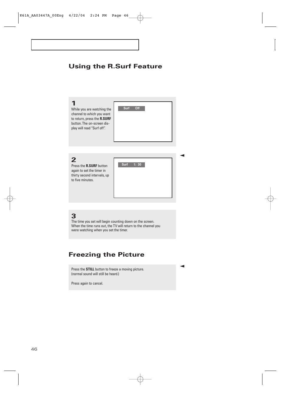 Using the r.surf feature, Freezing the picture | Samsung TXP3264S-XAA User Manual | Page 46 / 68