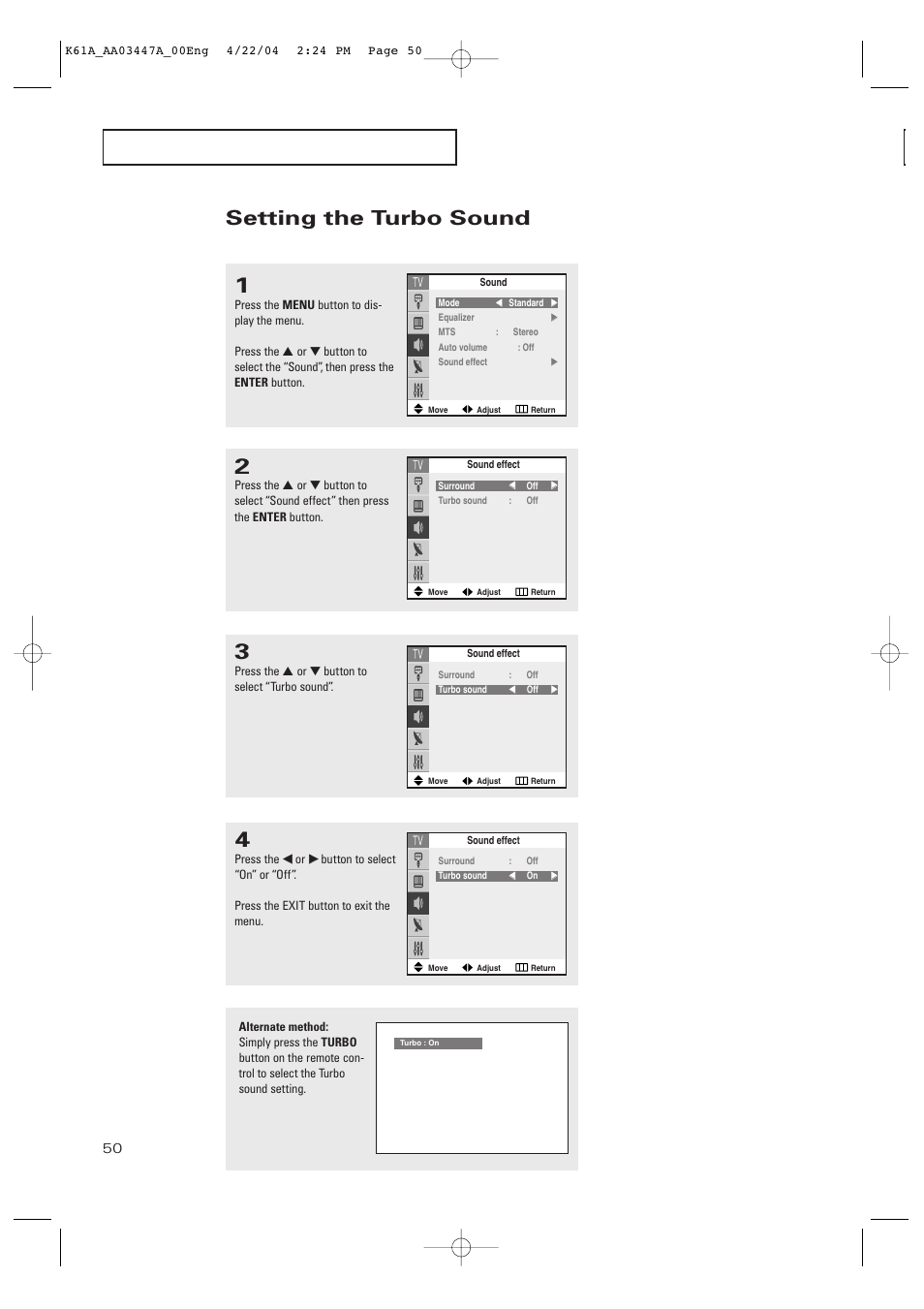 Setting the turbo sound | Samsung TXP3264S-XAA User Manual | Page 50 / 68