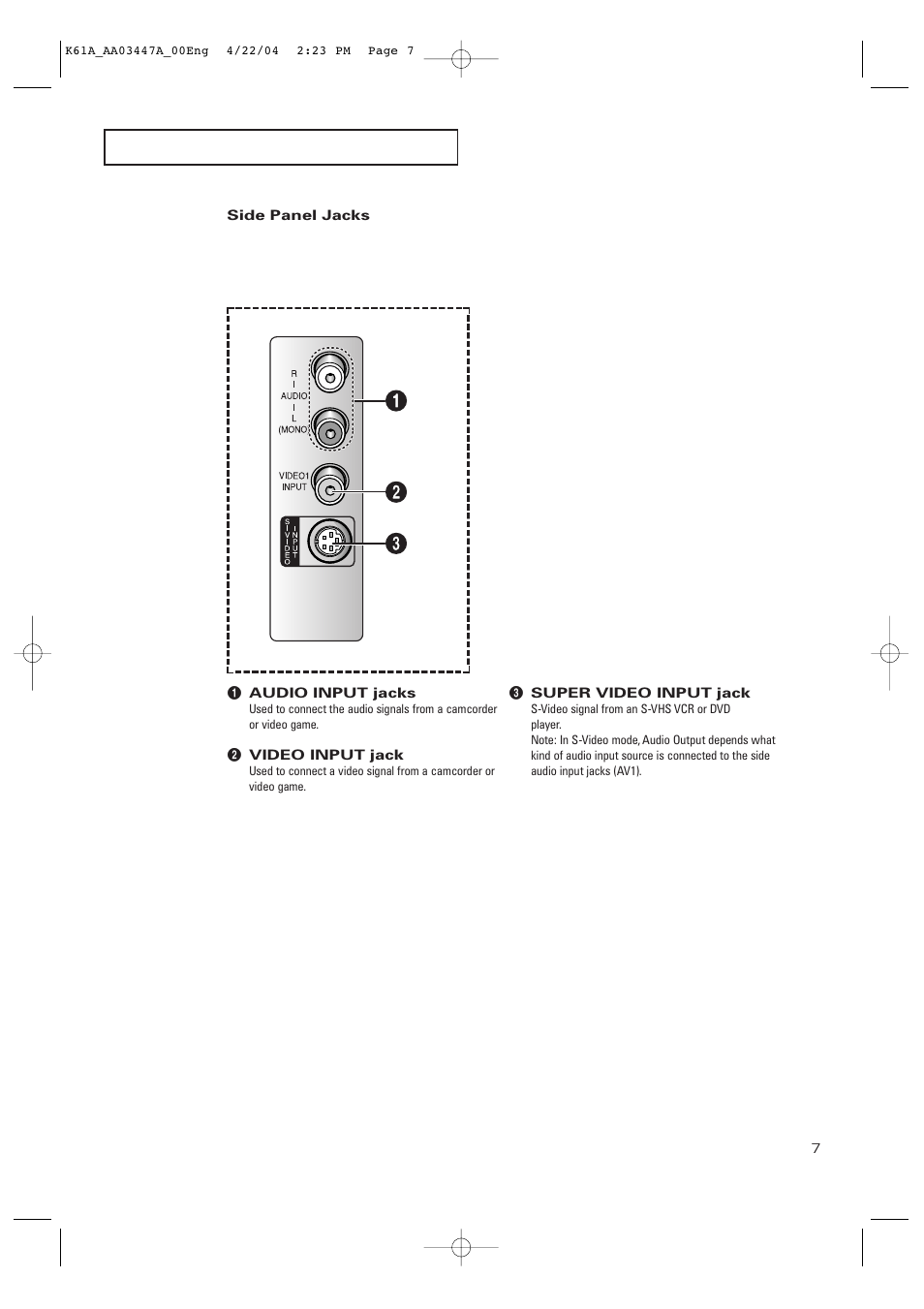 Side panel jacks | Samsung TXP3264S-XAA User Manual | Page 7 / 68