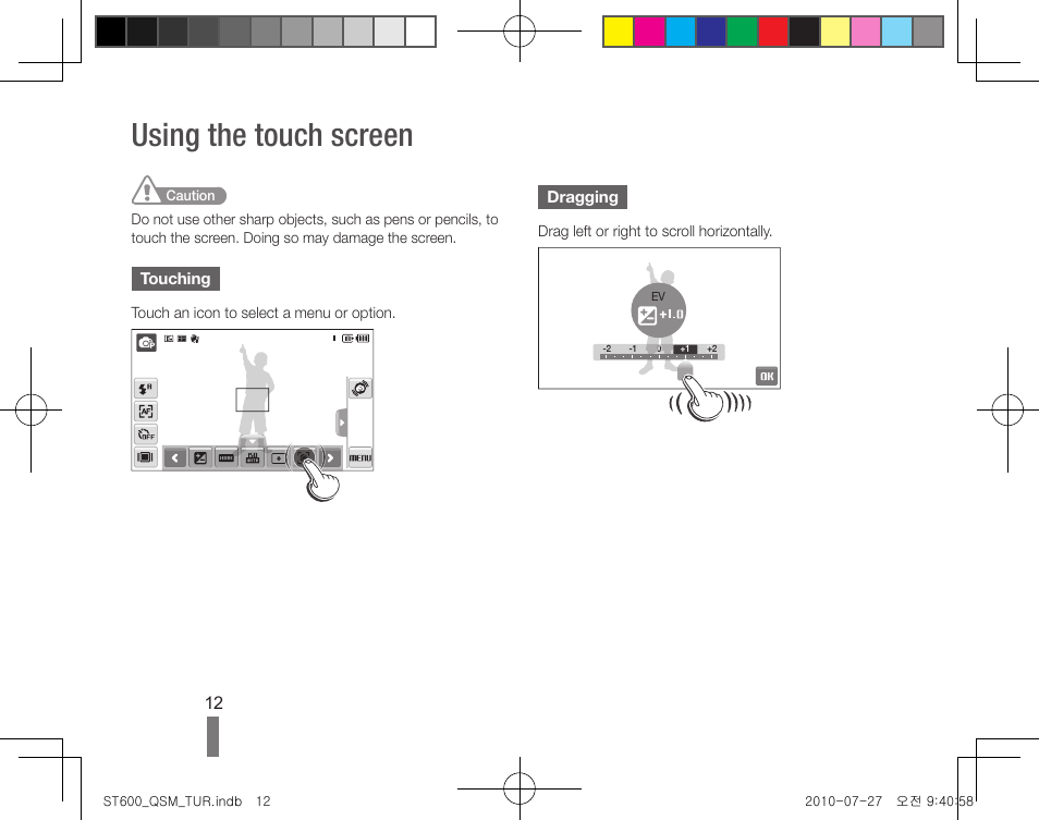 Using the touch screen | Samsung EC-ST600ZBPLUS User Manual | Page 12 / 40