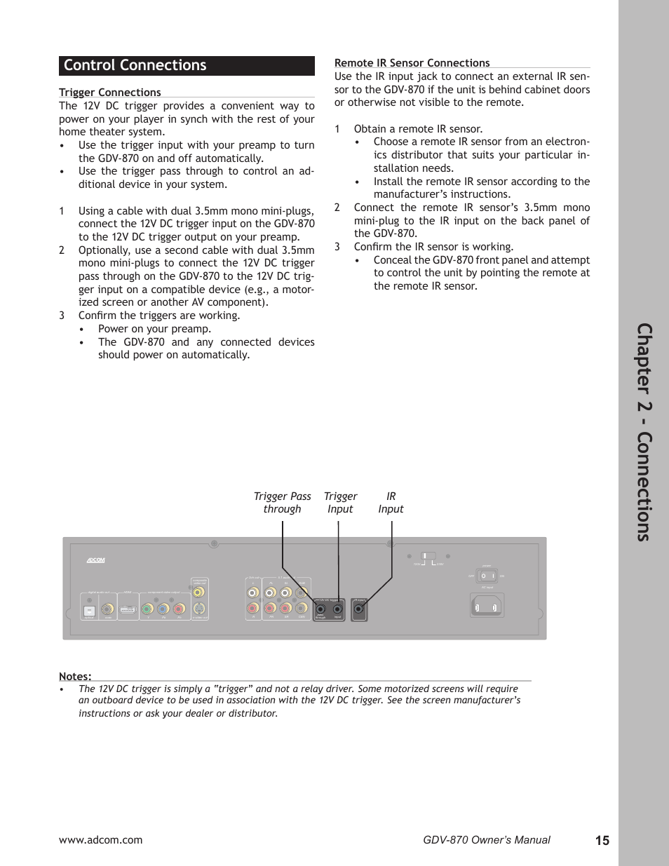 Control connections, Control connections ……………………………………15, Ch ap te r 2 - c on ne ct io ns | Adcom GDV-870 User Manual | Page 15 / 36