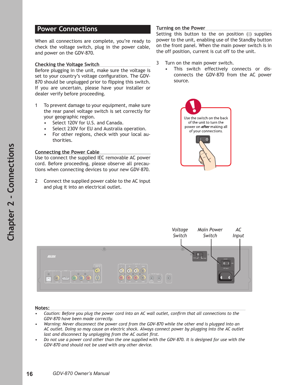 Power connections, Power connections ………………………………………16, Ch ap te r 2 - c on ne ct io ns | Adcom GDV-870 User Manual | Page 16 / 36