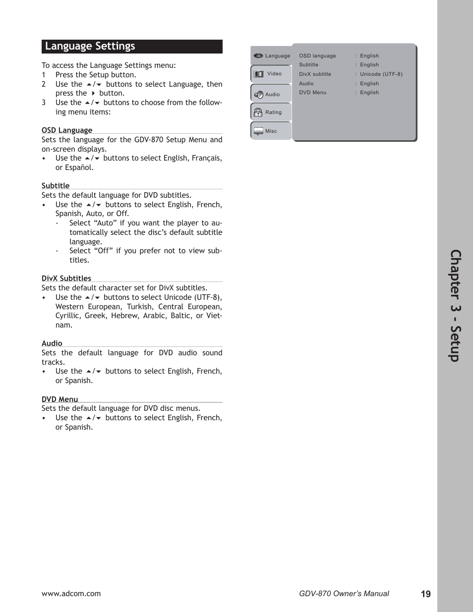 Language settings, Language settings ………………………………………19, Ch ap te r 3 - s et up | Adcom GDV-870 User Manual | Page 19 / 36