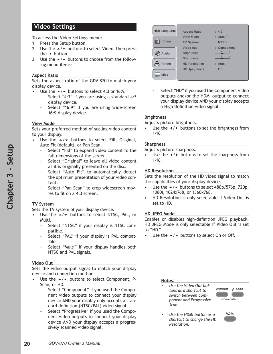 Video settings, Video settings ………………………………………………20, Ch ap te r 3 - s et up | Adcom GDV-870 User Manual | Page 20 / 36