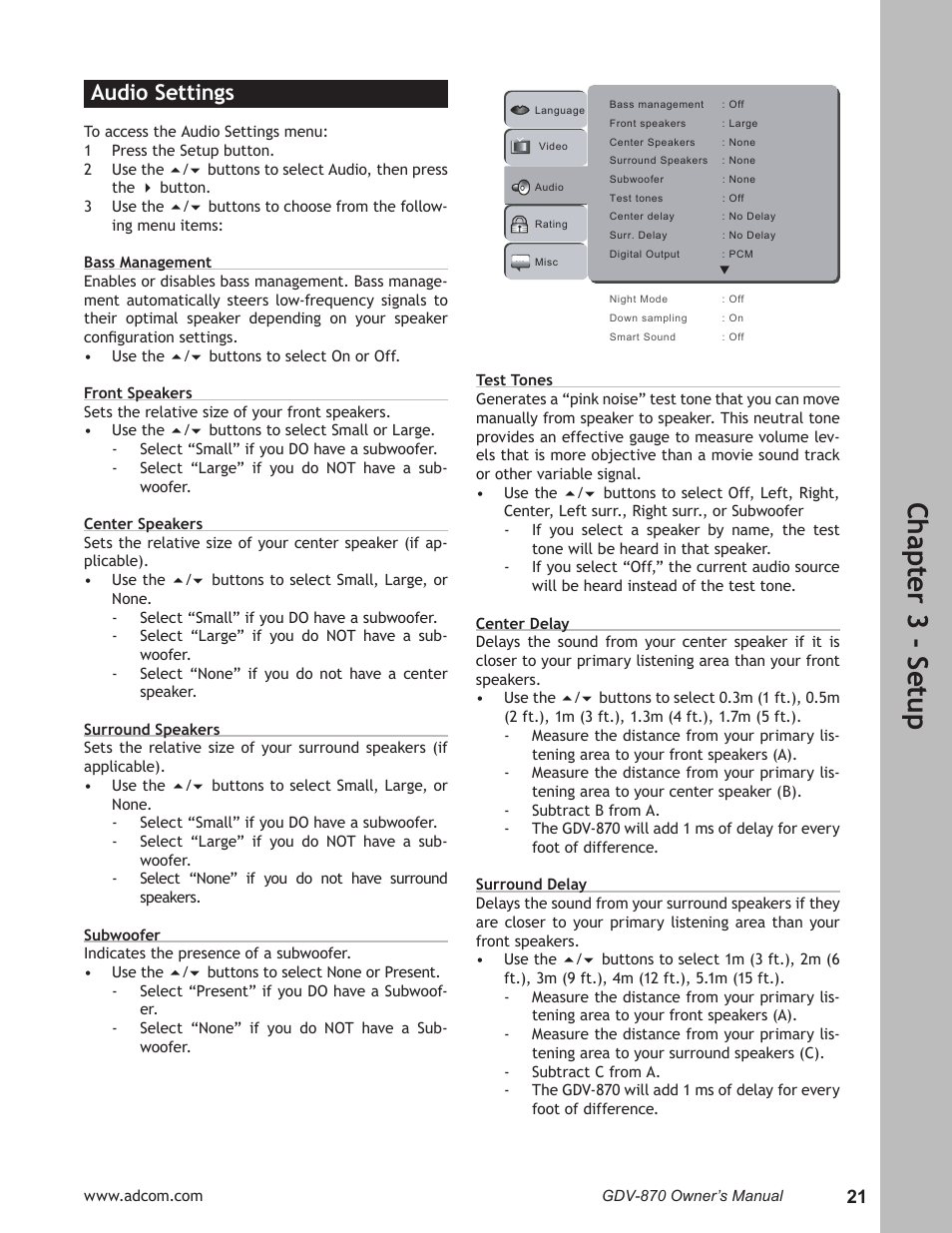 Audio settings, Audio settings ………………………………………………21, Ch ap te r 3 - s et up | Adcom GDV-870 User Manual | Page 21 / 36