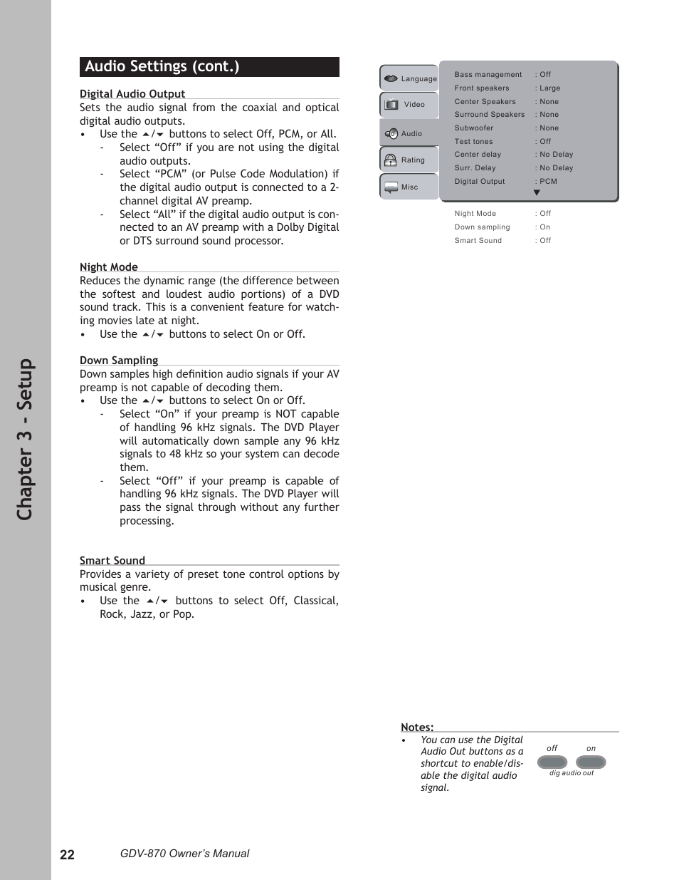 Ch ap te r 3 - s et up, Audio settings (cont.) | Adcom GDV-870 User Manual | Page 22 / 36