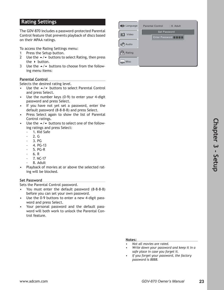 Rating settings, Rating settings ………………………………………… 23, Ch ap te r 3 - s et up | Adcom GDV-870 User Manual | Page 23 / 36