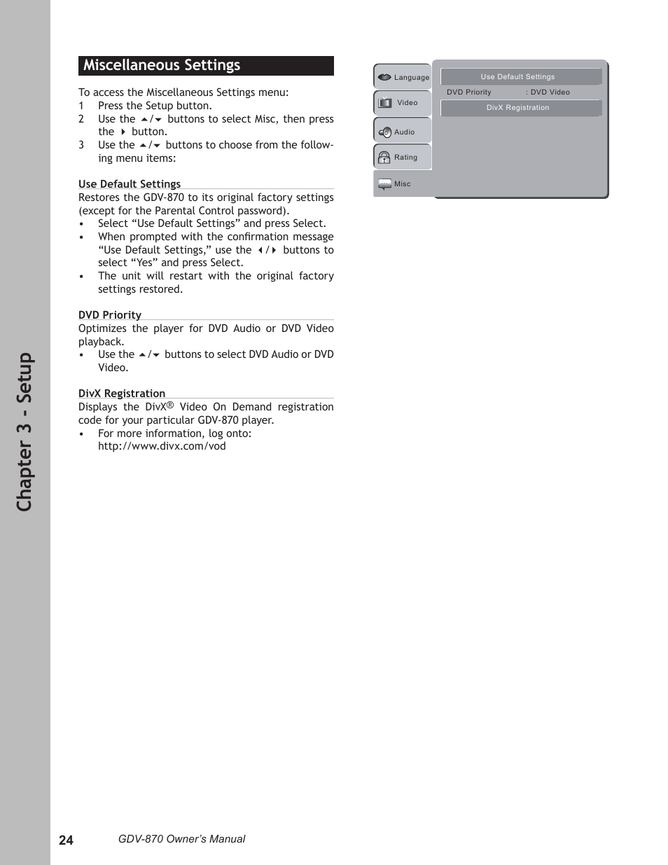 Miscellanous settings, S settings …………………………………24, Ch ap te r 3 - s et up | Miscellaneous settings | Adcom GDV-870 User Manual | Page 24 / 36
