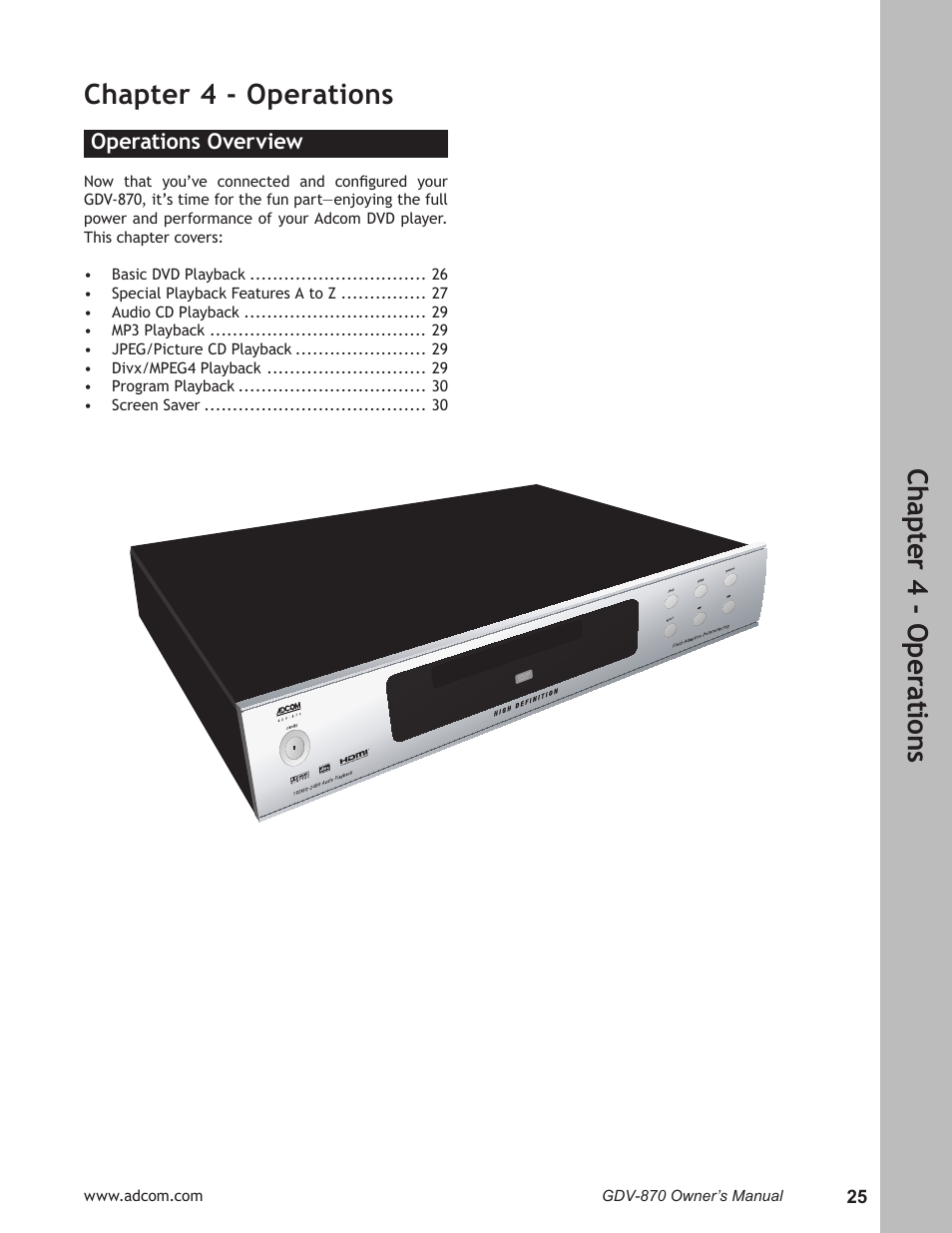 Chapter 4 - operations, Operations overview, Operations overview ………………………………… 25 | Ch ap te r 4 - o pe ra tio ns | Adcom GDV-870 User Manual | Page 25 / 36