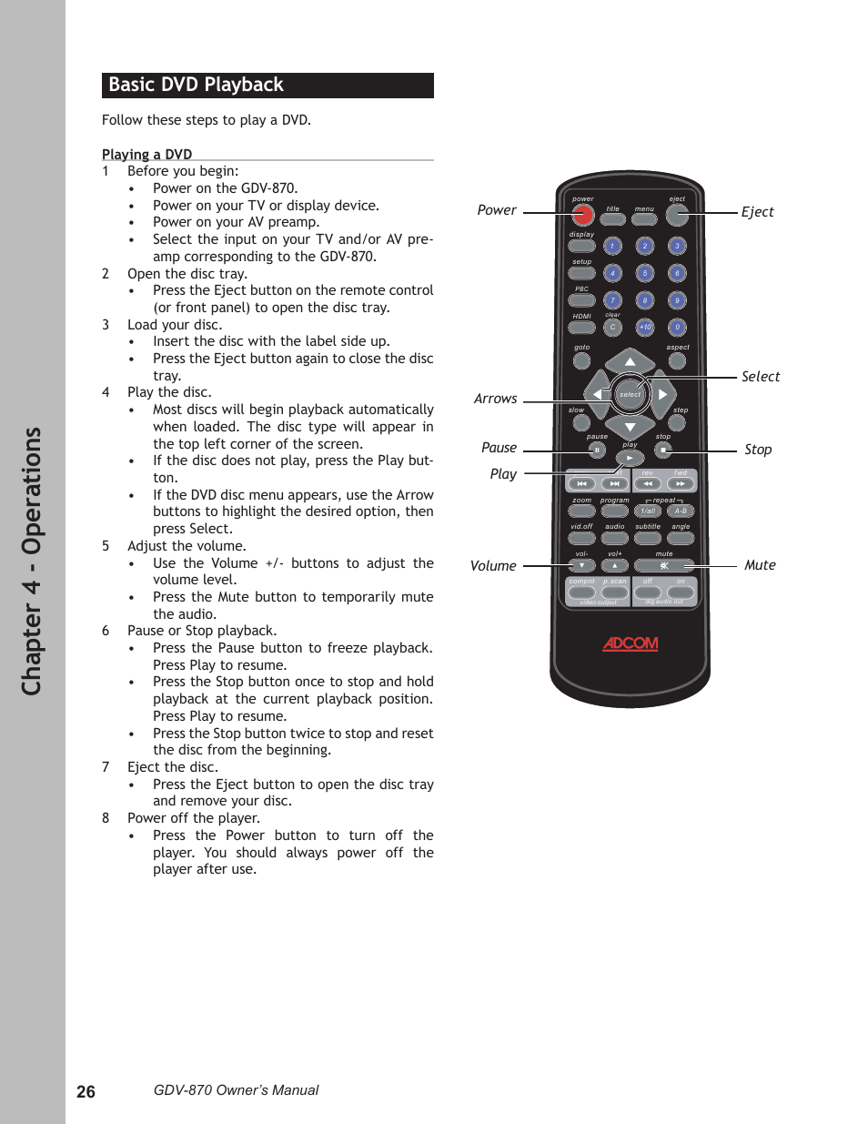 Basic dvd playback, Basic dvd playback ………………………………………26, Ch ap te r 4 - o pe ra ti on s | Adcom GDV-870 User Manual | Page 26 / 36