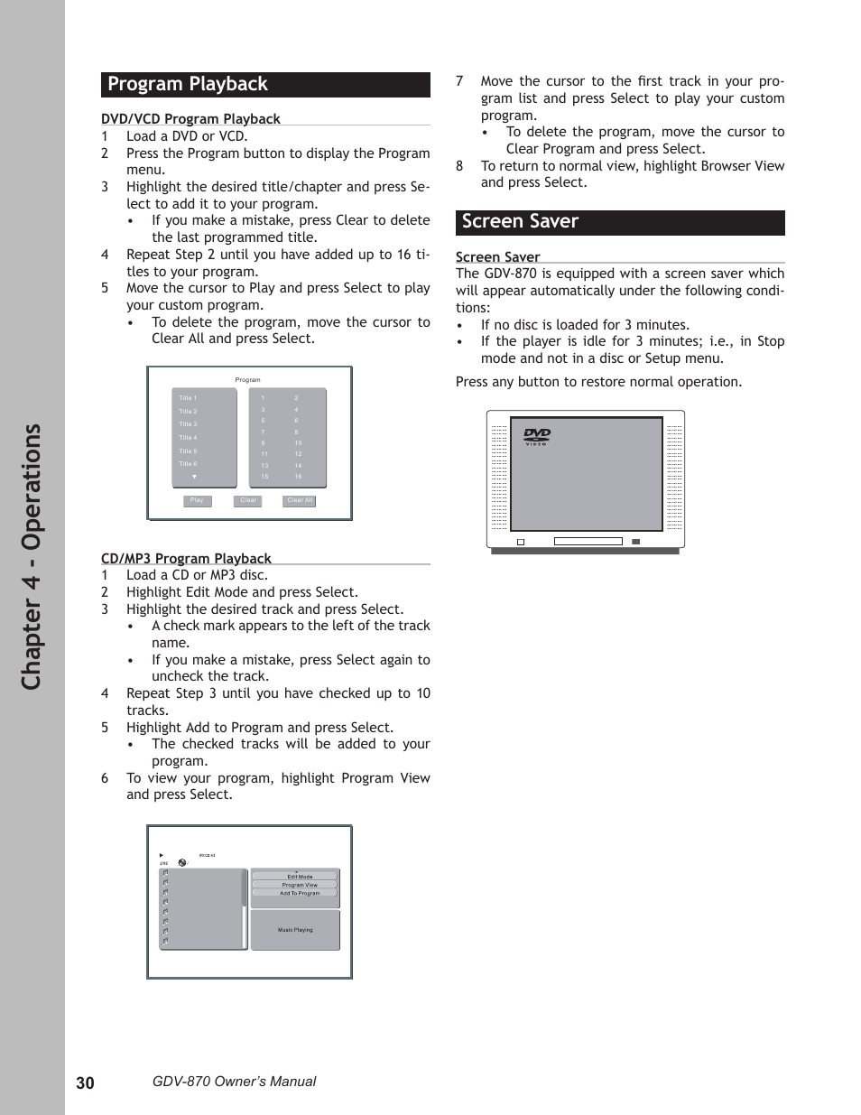 Program playback, Screen saver, Program playback ……………………………………… 30 | Screen saver ……………………………………………… 30, Ch ap te r 4 - o pe ra ti on s | Adcom GDV-870 User Manual | Page 30 / 36