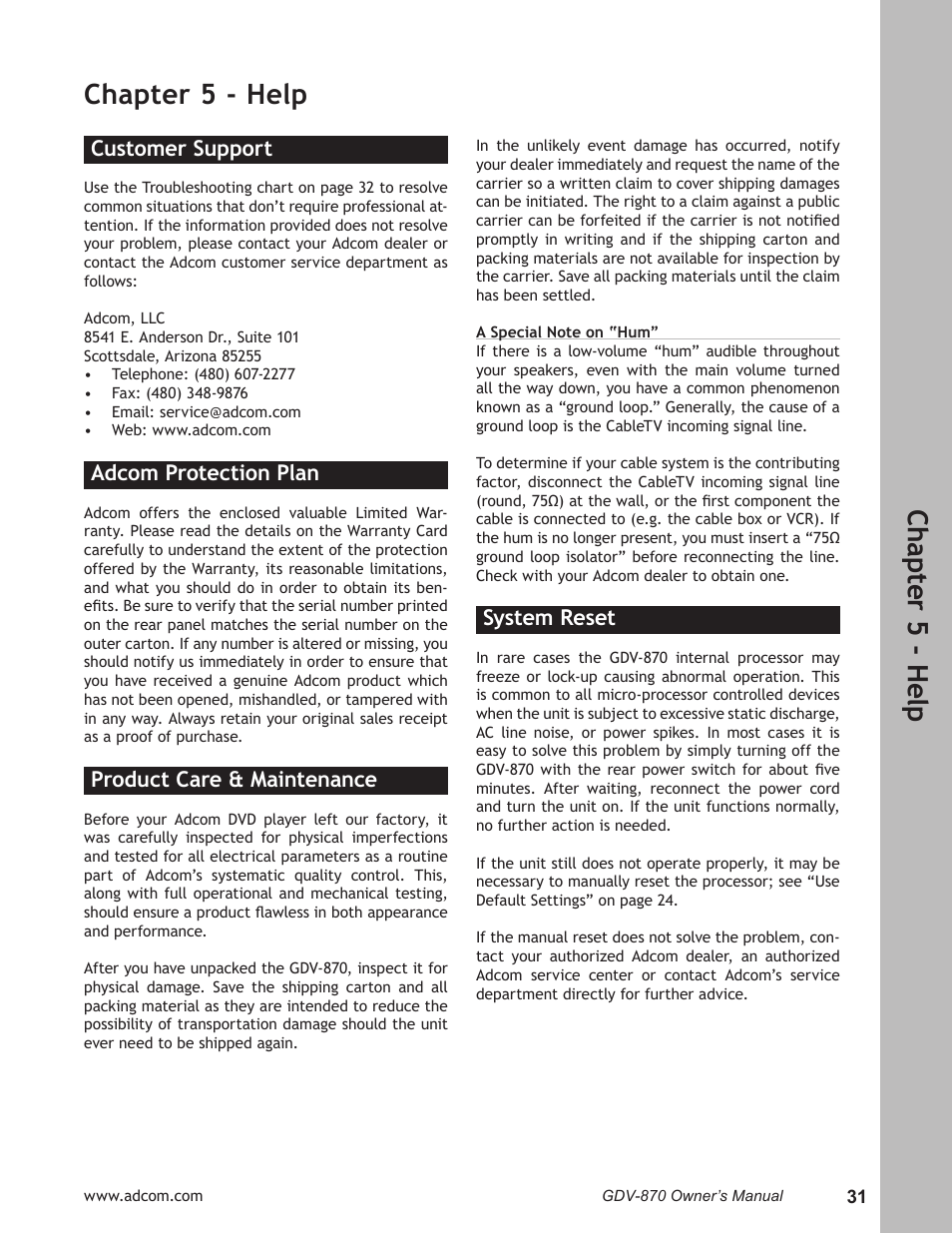 Chapter 5 - help, Customer support, Adcom protection plan | Product care & maintenance, System reset, Customer support ………………………………………31, Adcom protection plan ………………………………31, Product care & maintenance ………………………31, System reset ………………………………………………31, Ch ap te r 5 - h elp | Adcom GDV-870 User Manual | Page 31 / 36