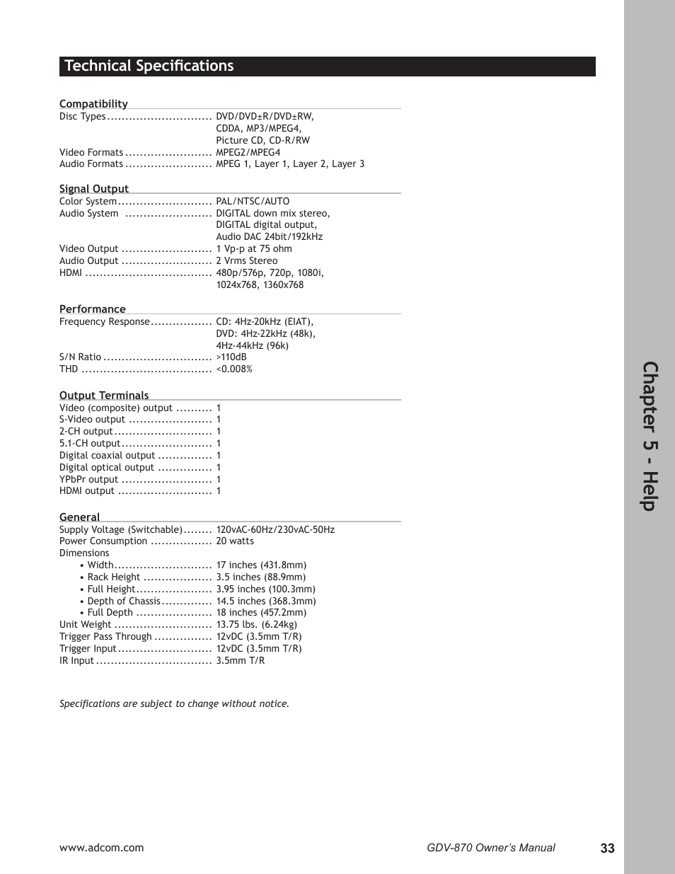 Technical specifications, Technical speciﬁcations ………………………………33, Ch ap te r 5 - h elp | Technical speciﬁcations | Adcom GDV-870 User Manual | Page 33 / 36
