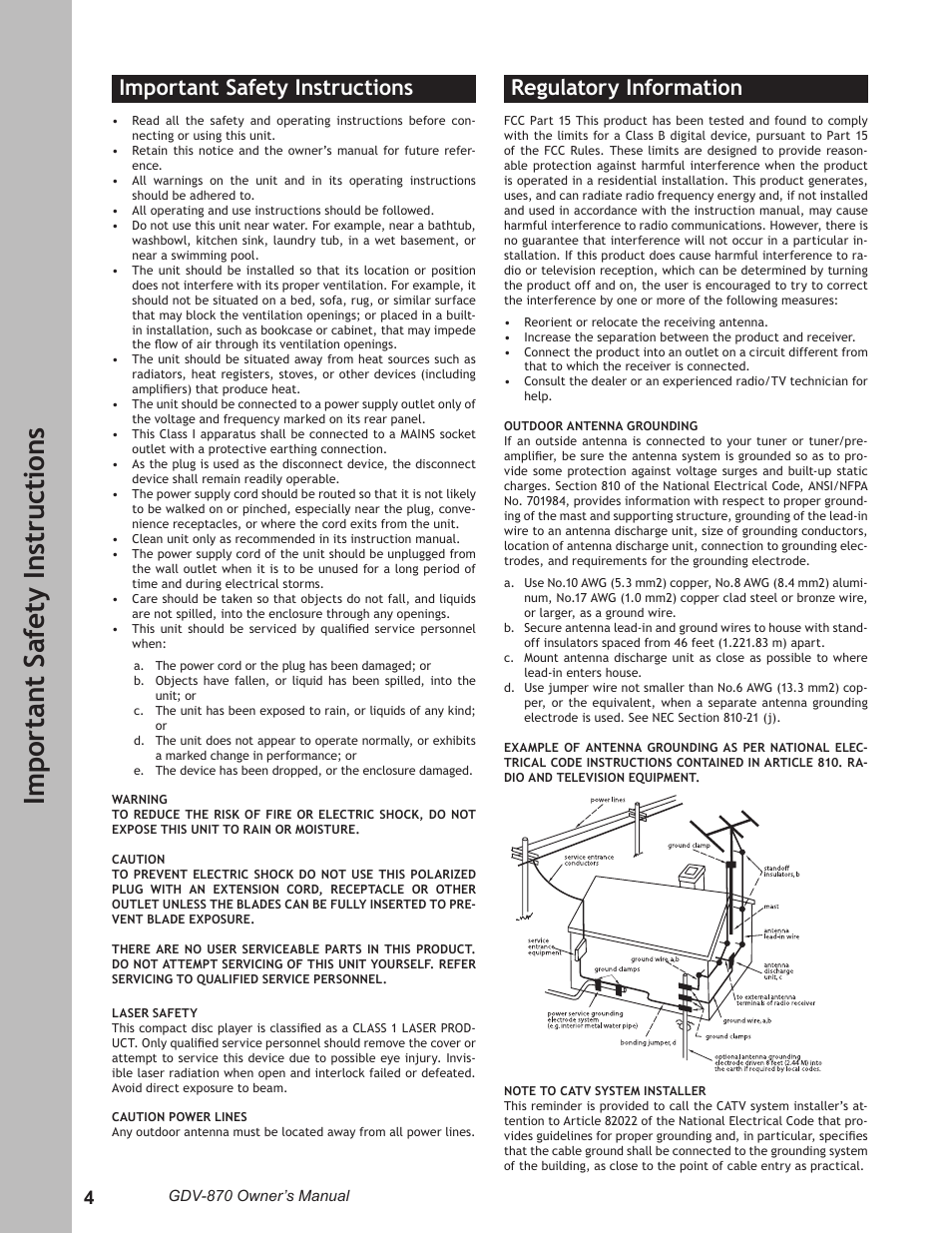 Im po rt an t s af et y i ns tr uc ti on s, Important safety instructions, Regulatory information | Adcom GDV-870 User Manual | Page 4 / 36