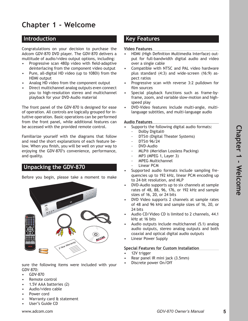 Chapter 1 - welcome, Introduction, Unpacking the gdv-870 | Key features, Introduction ………………………………………………… 5, Unpacking the gdv-870 ……………………………… 5, Key features ………………………………………………… 5, Ch ap te r 1 - w elc om e | Adcom GDV-870 User Manual | Page 5 / 36