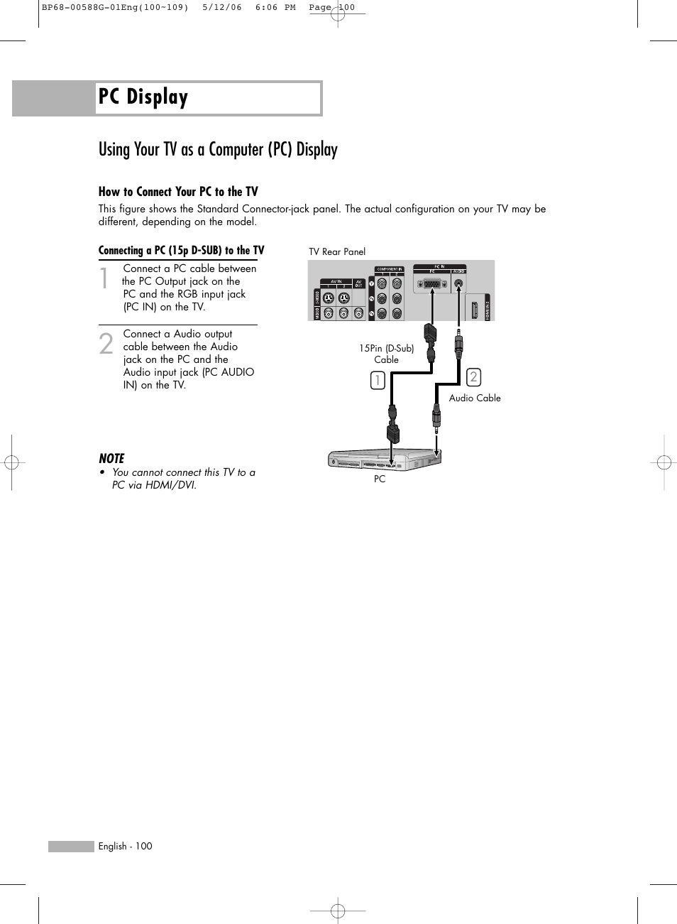 Using your tv as a computer (pc) display, Pc display | Samsung HLS6767WX-XAA User Manual | Page 100 / 116