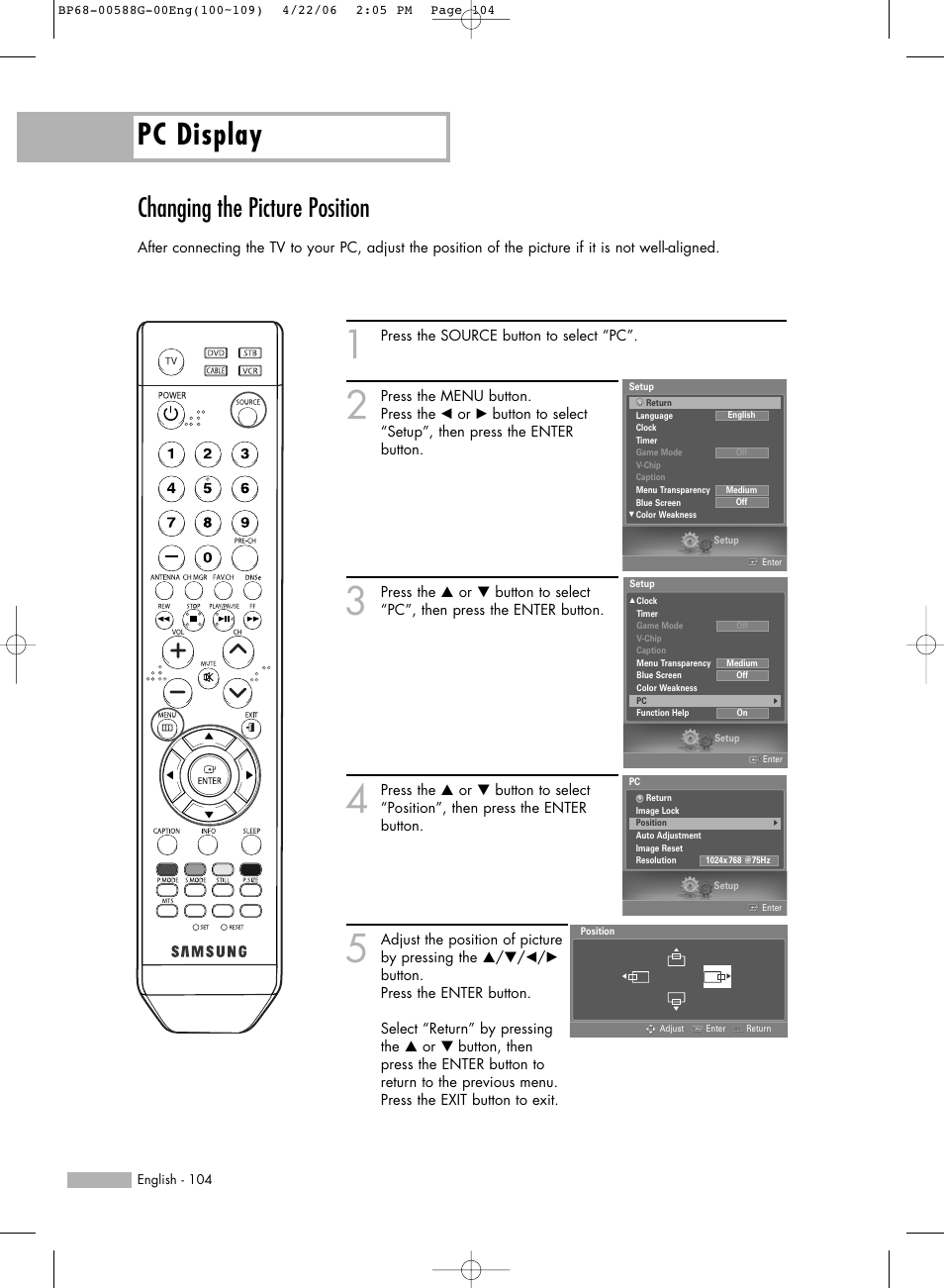 Changing the picture position, Pc display | Samsung HLS6767WX-XAA User Manual | Page 104 / 116