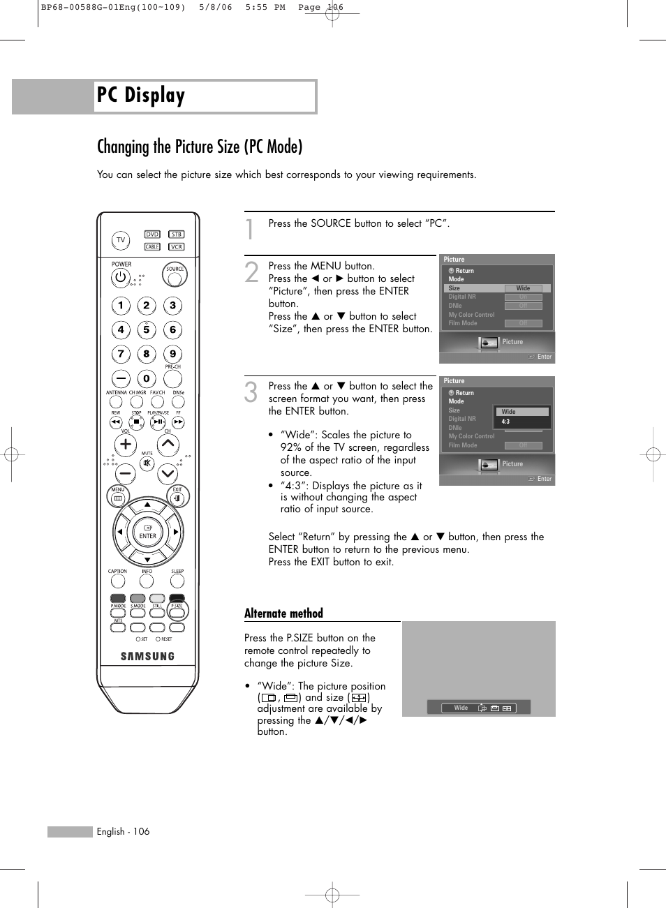 Changing the picture size (pc mode), Pc display, Alternate method | Samsung HLS6767WX-XAA User Manual | Page 106 / 116