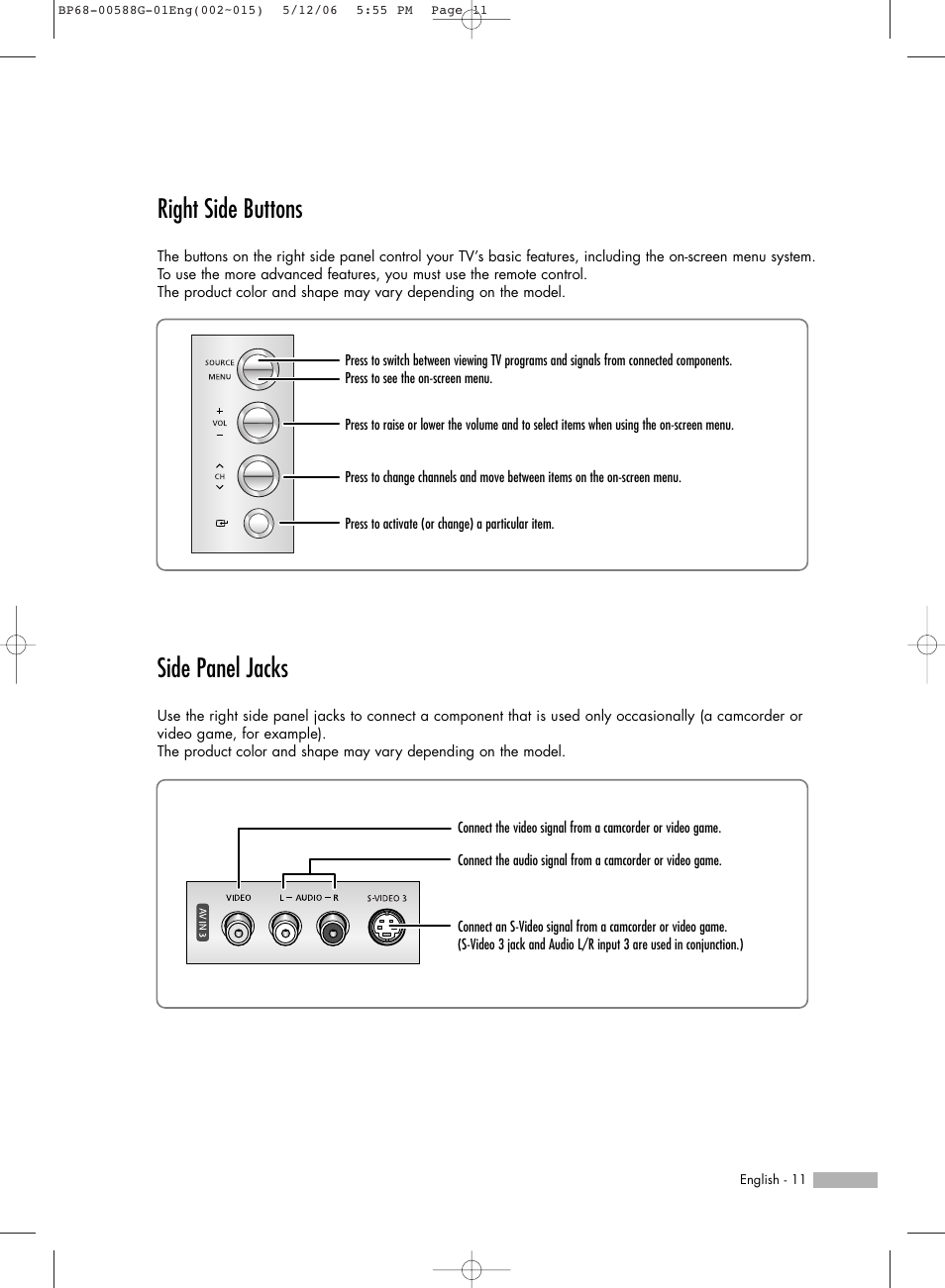 Right side buttons, Side panel jacks | Samsung HLS6767WX-XAA User Manual | Page 11 / 116