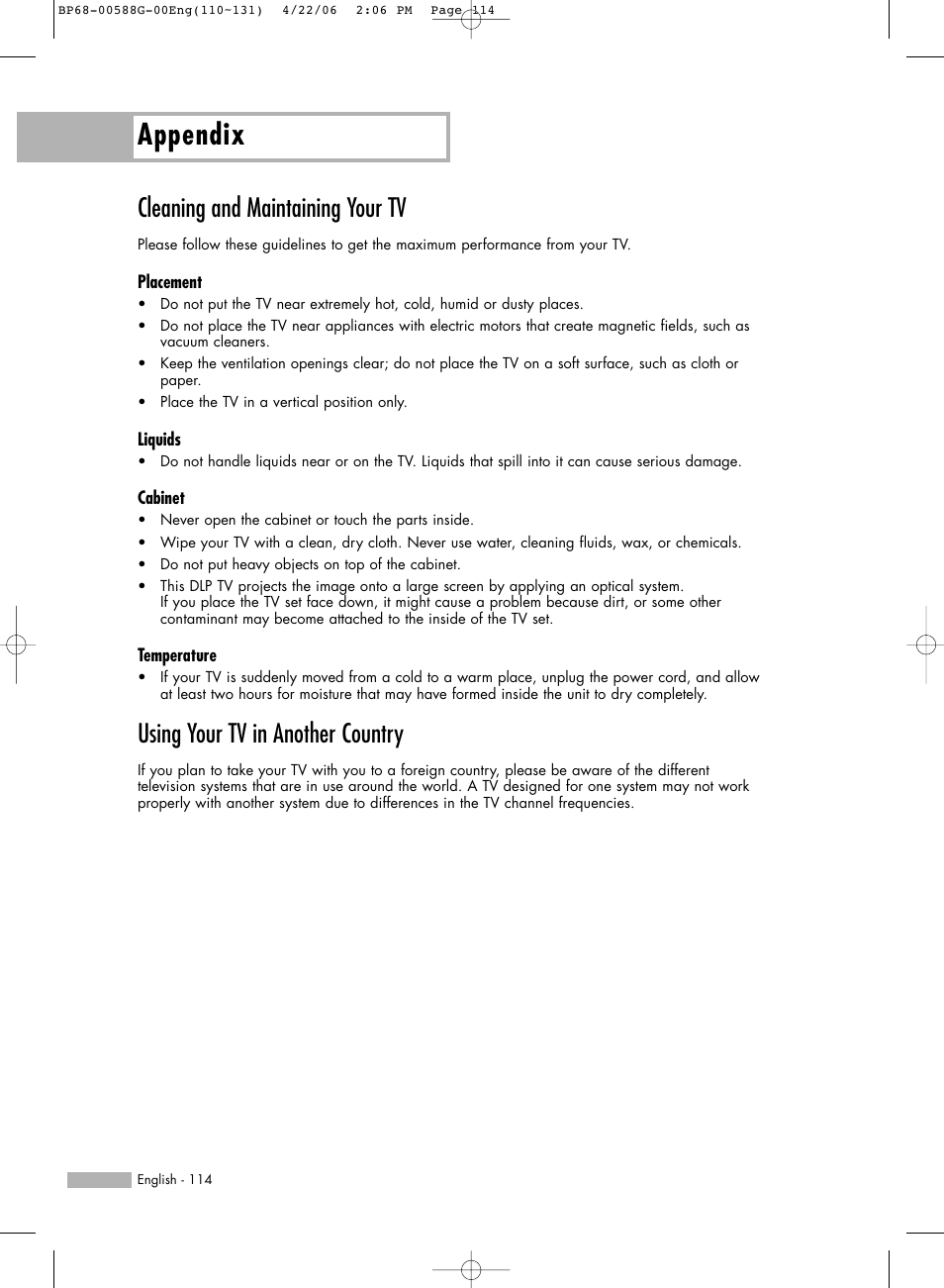 Cleaning and maintaining your tv, Appendix, Using your tv in another country | Samsung HLS6767WX-XAA User Manual | Page 114 / 116