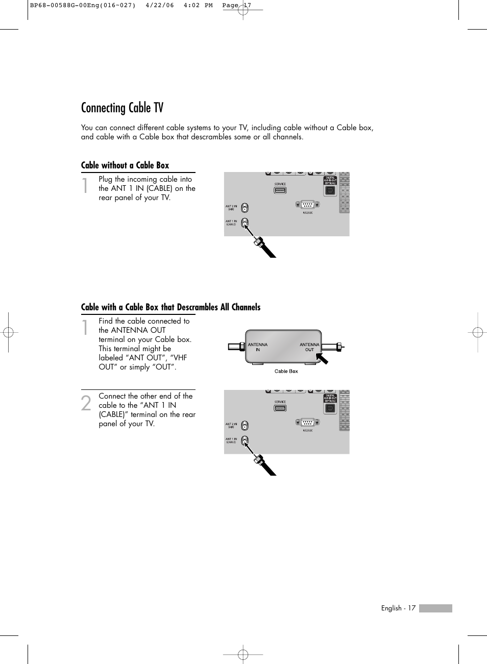 Connecting cable tv | Samsung HLS6767WX-XAA User Manual | Page 17 / 116