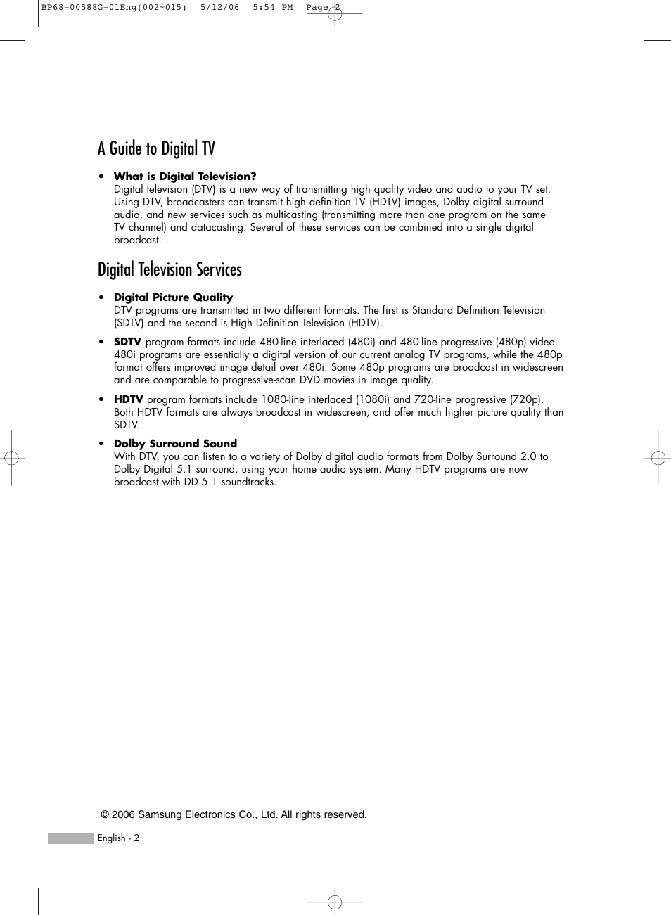 A guide to digital tv, Digital television services | Samsung HLS6767WX-XAA User Manual | Page 2 / 116