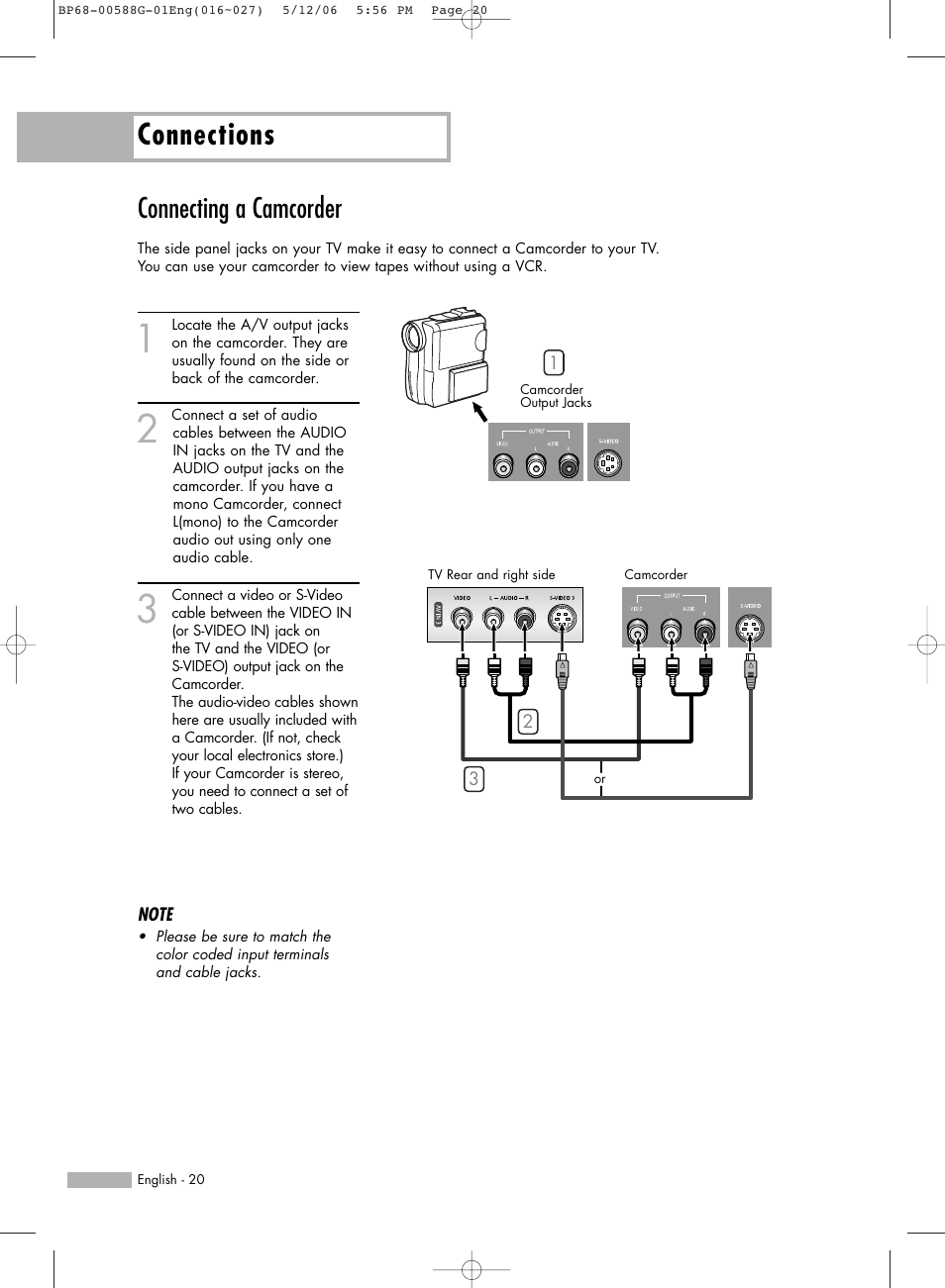 Connecting a camcorder, Connections | Samsung HLS6767WX-XAA User Manual | Page 20 / 116