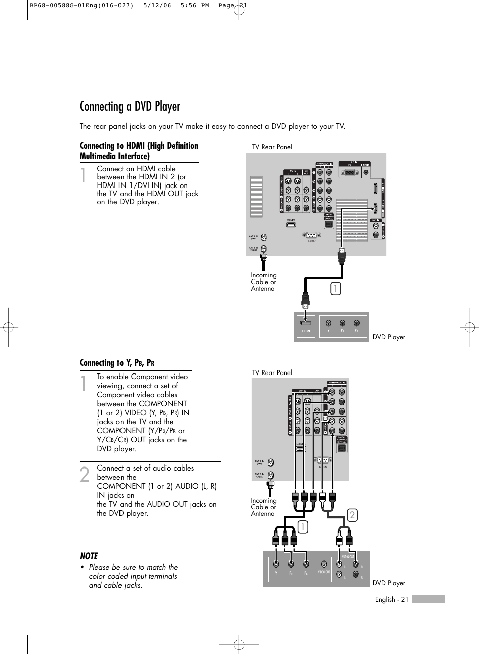 Connecting a dvd player | Samsung HLS6767WX-XAA User Manual | Page 21 / 116