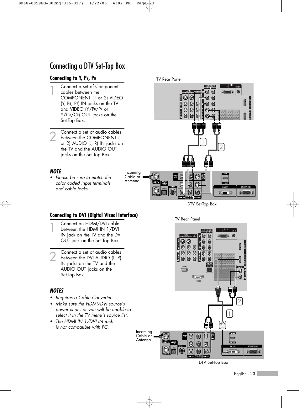 Connecting a dtv set-top box | Samsung HLS6767WX-XAA User Manual | Page 23 / 116