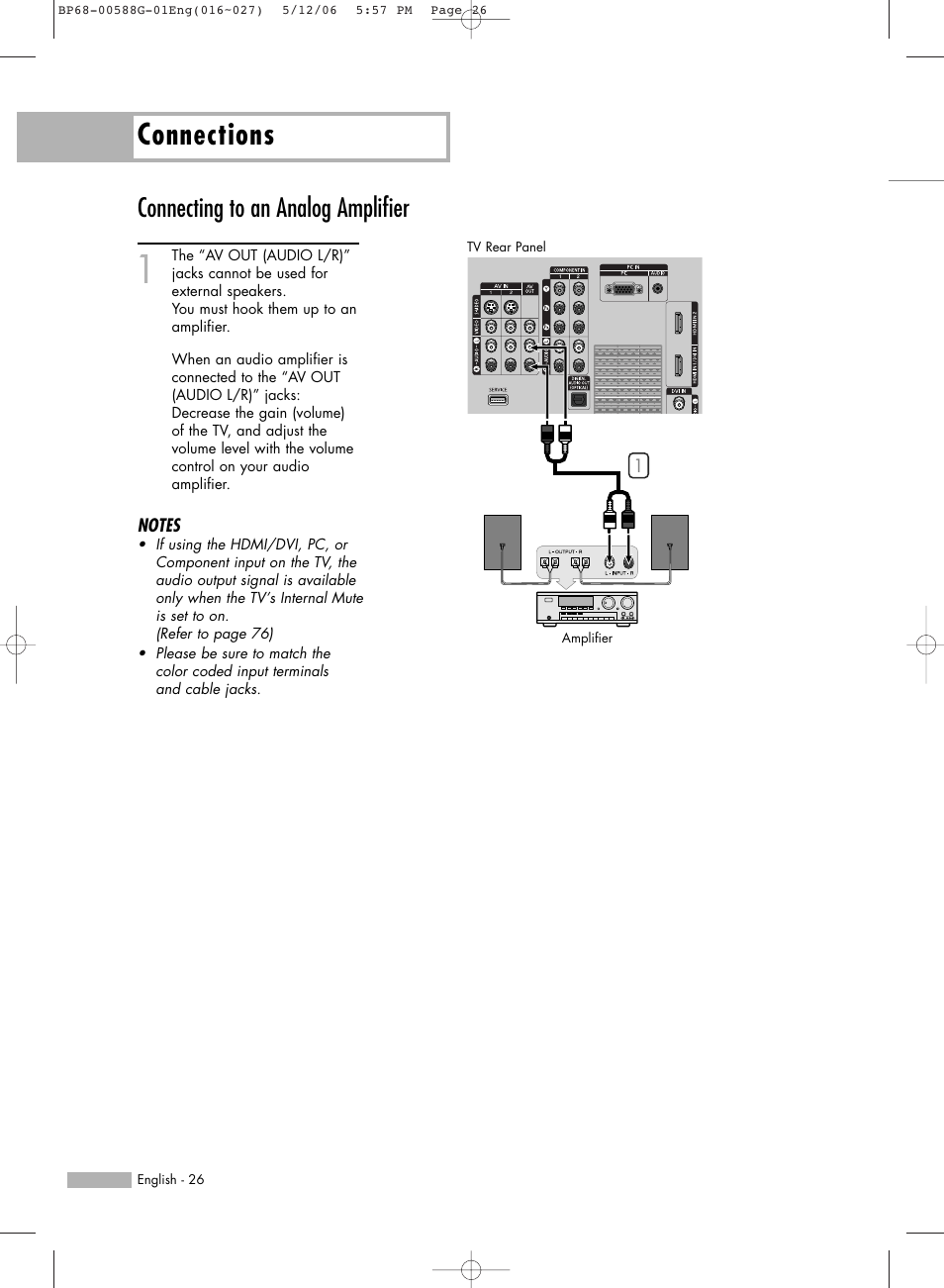 Connecting to an analog amplifier, Connections | Samsung HLS6767WX-XAA User Manual | Page 26 / 116