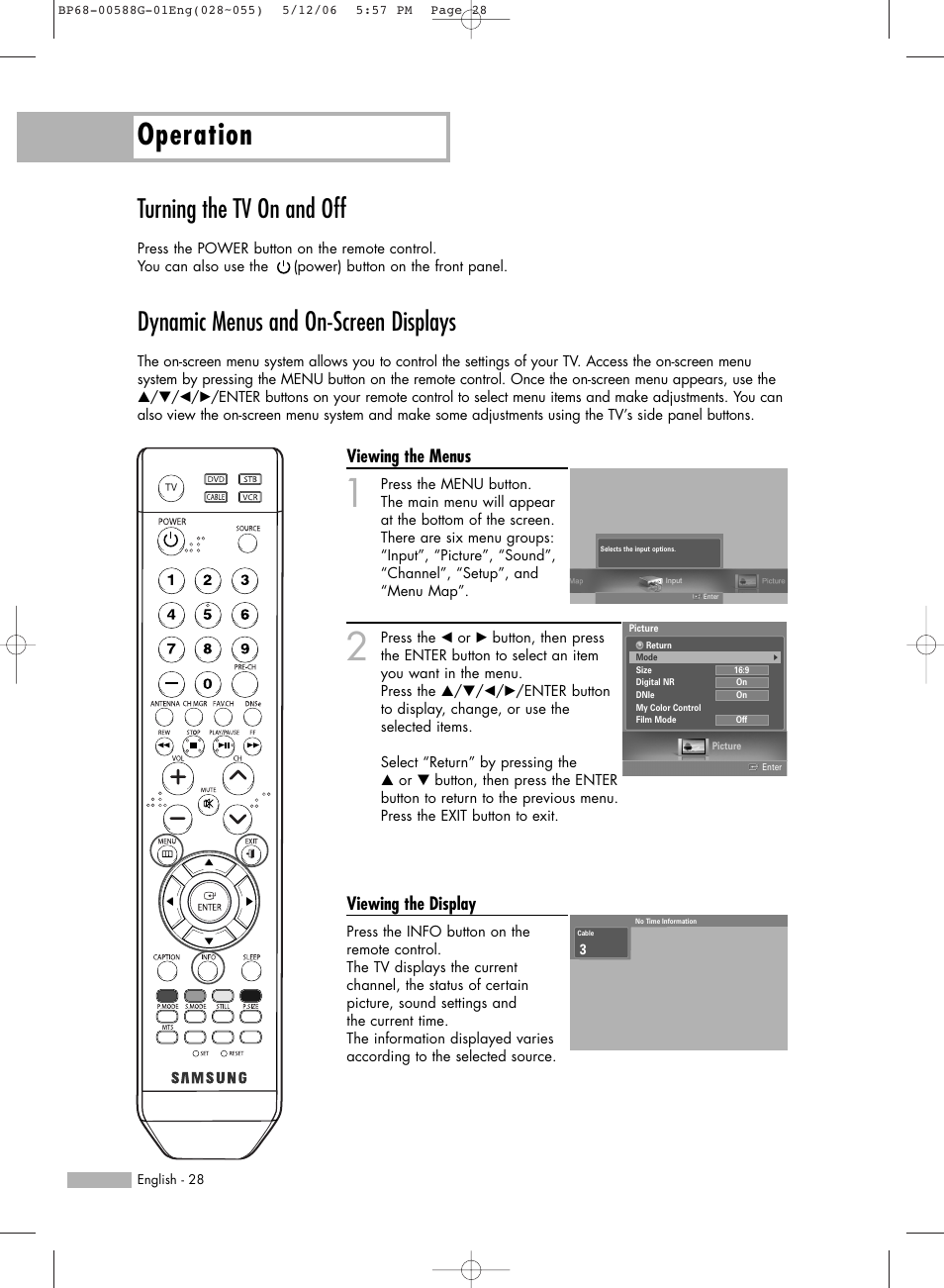 Turning the tv on and off, Dynamic menus and on-screen displays, Operation | Viewing the menus, Viewing the display | Samsung HLS6767WX-XAA User Manual | Page 28 / 116