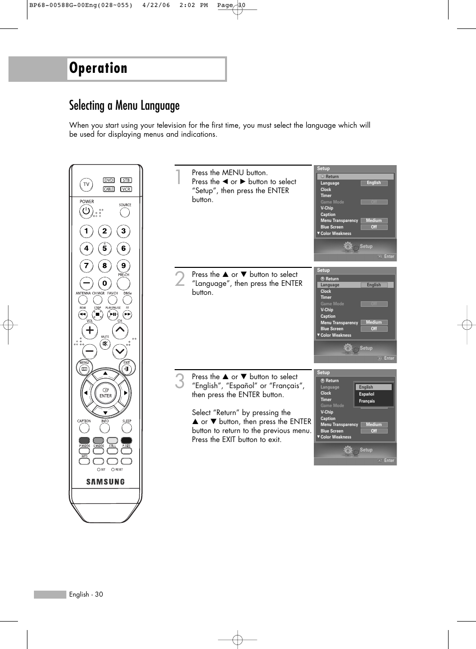 Selecting a menu language, Operation | Samsung HLS6767WX-XAA User Manual | Page 30 / 116