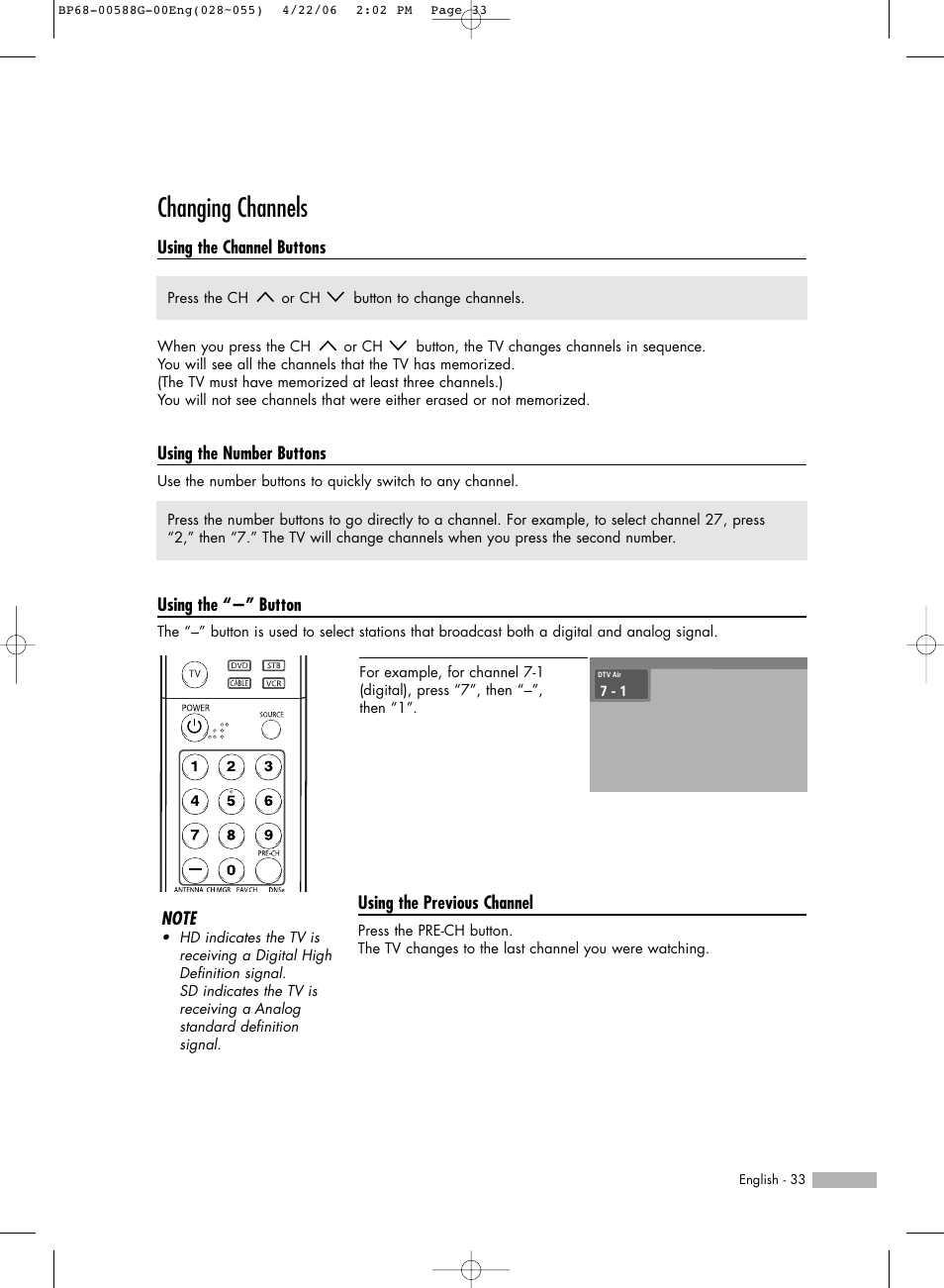 Changing channels | Samsung HLS6767WX-XAA User Manual | Page 33 / 116