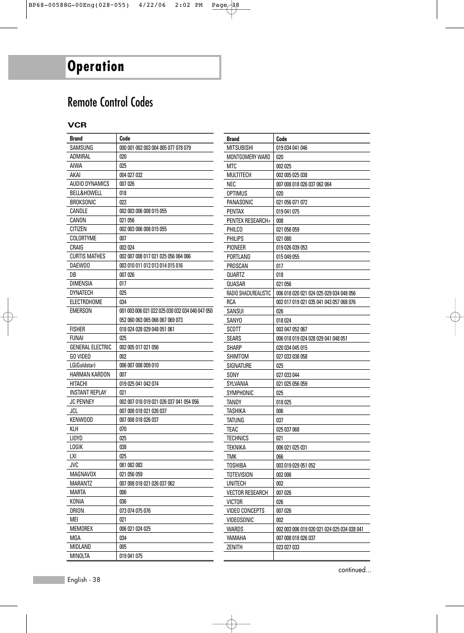 Remote control codes, Operation | Samsung HLS6767WX-XAA User Manual | Page 38 / 116